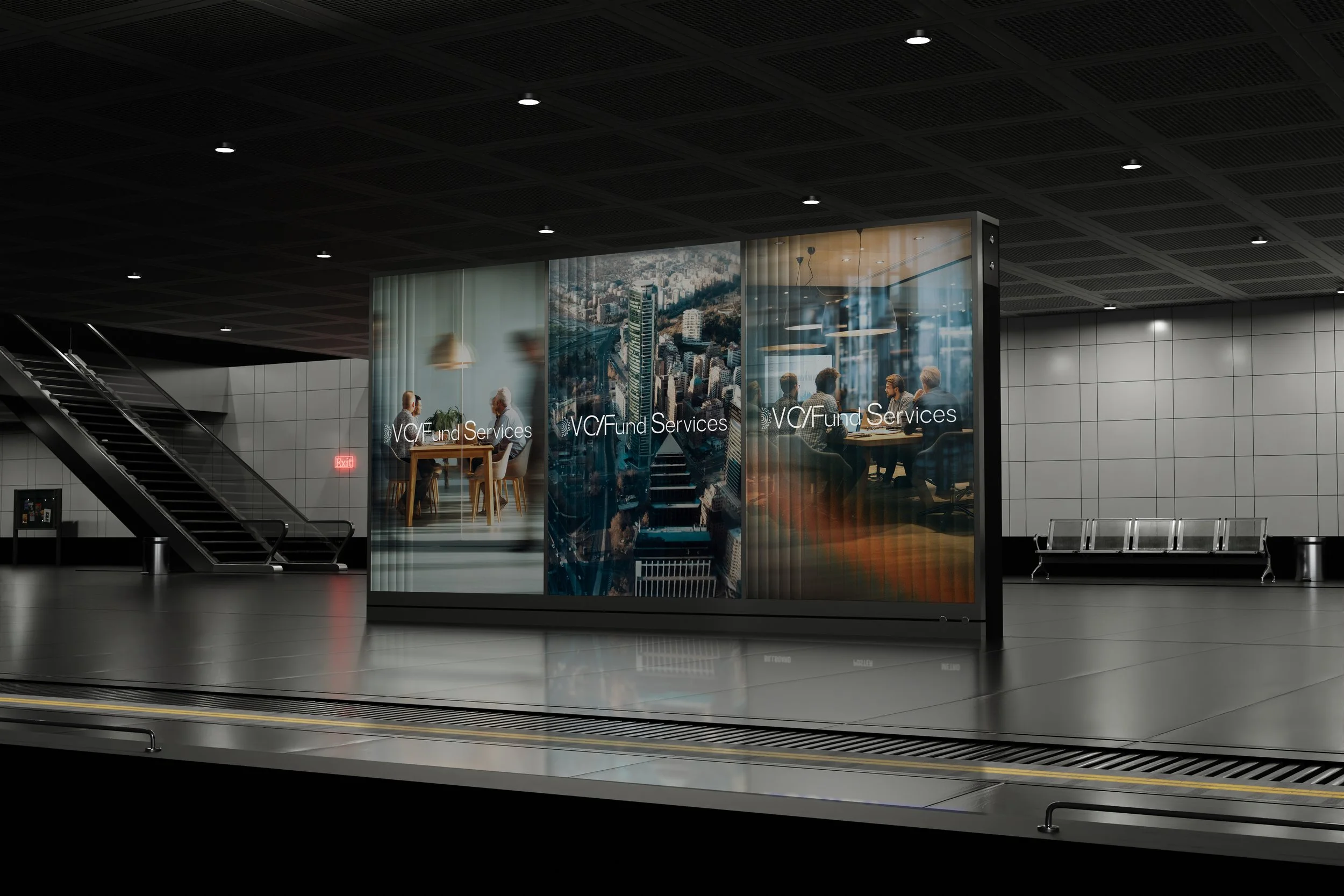 Inside a modern airport terminal with a large digital display advertising VC/Fund Services, featuring images of business meetings and cityscapes.