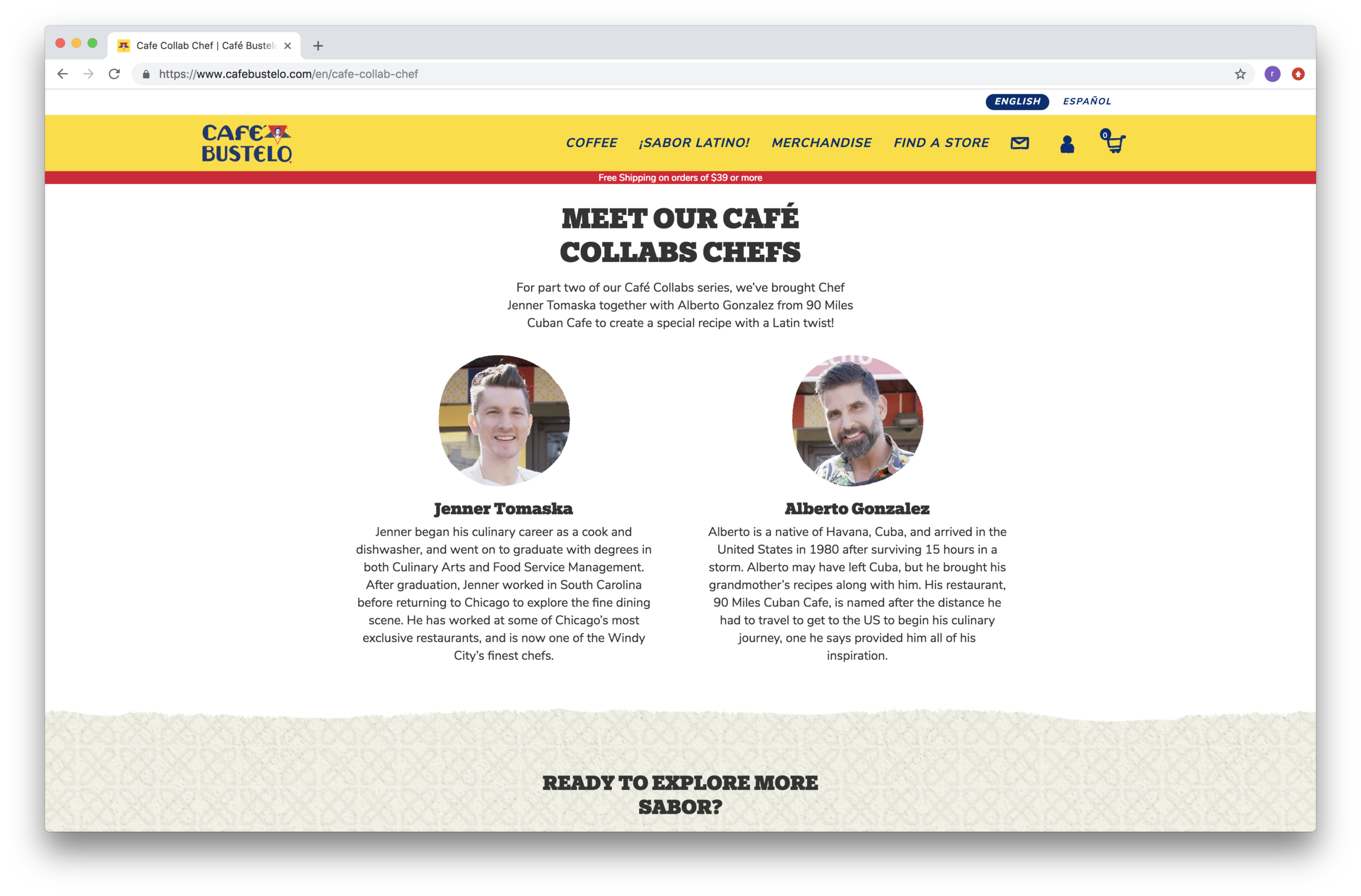 Webpage introducing Chef Jenner Tomaska and Chef Alberto Gonzalez as part of Cafe Collabs series, with their photos, bios, and a heading inviting to explore more flavors.