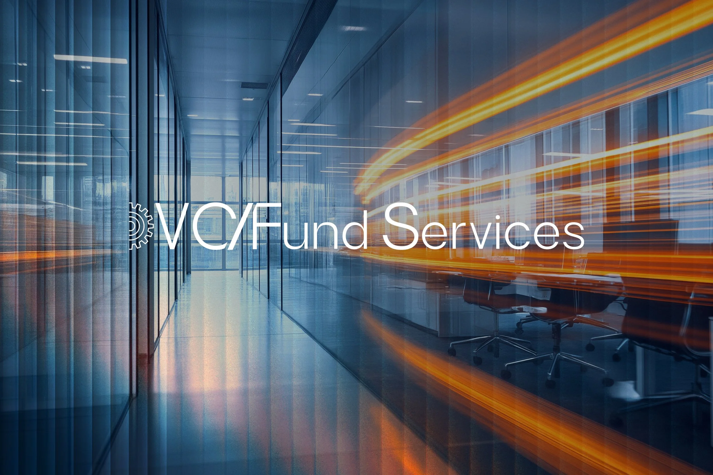 Modern office building interior with glass walls and streaks of light, overlayed with the text 'VCF Fund Services' and a gear icon.