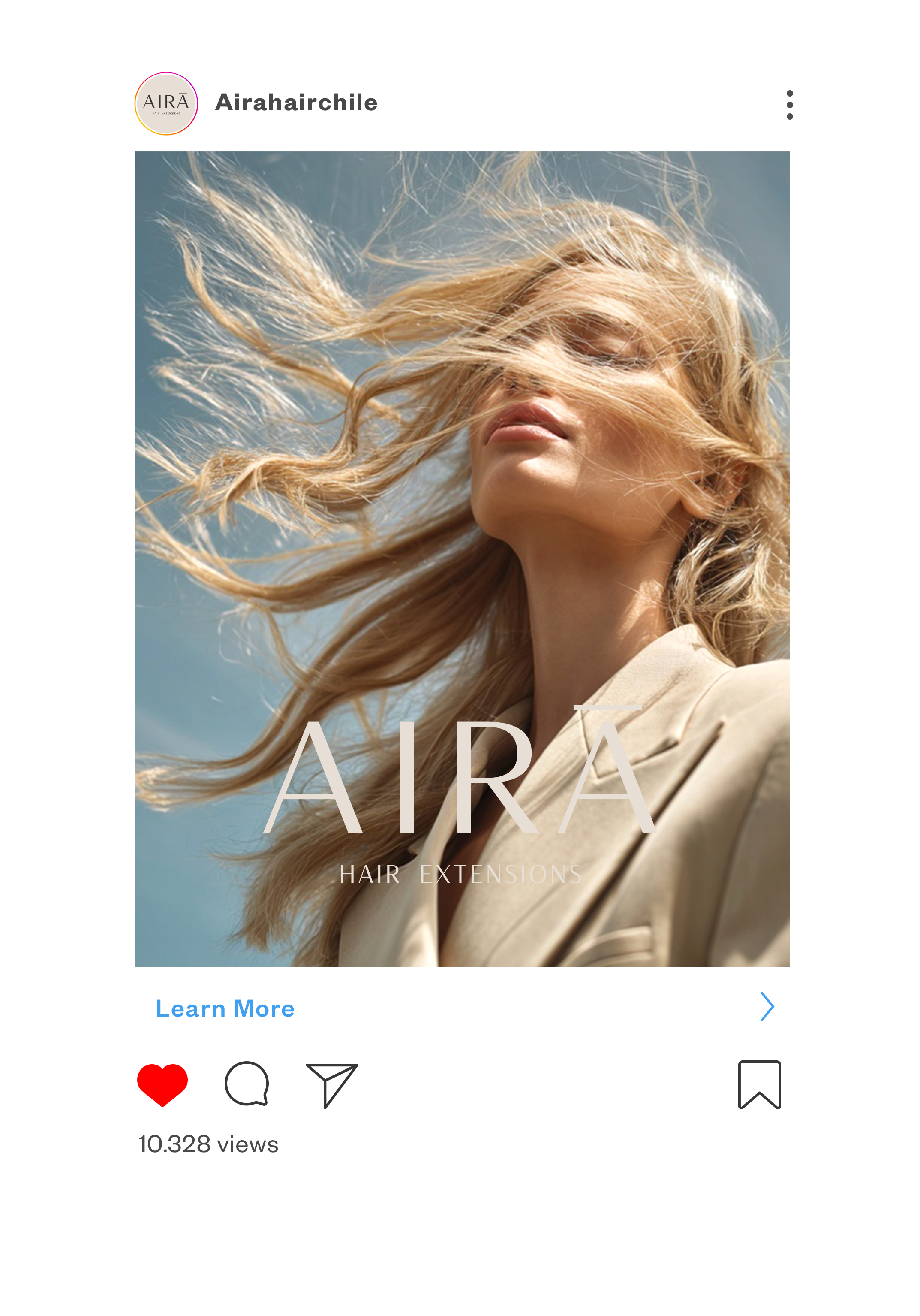 Instagram post showing a woman with flowing blonde hair outdoors, promoting AIRA hair extensions, with a "Learn More" link, likes, comments, and views.