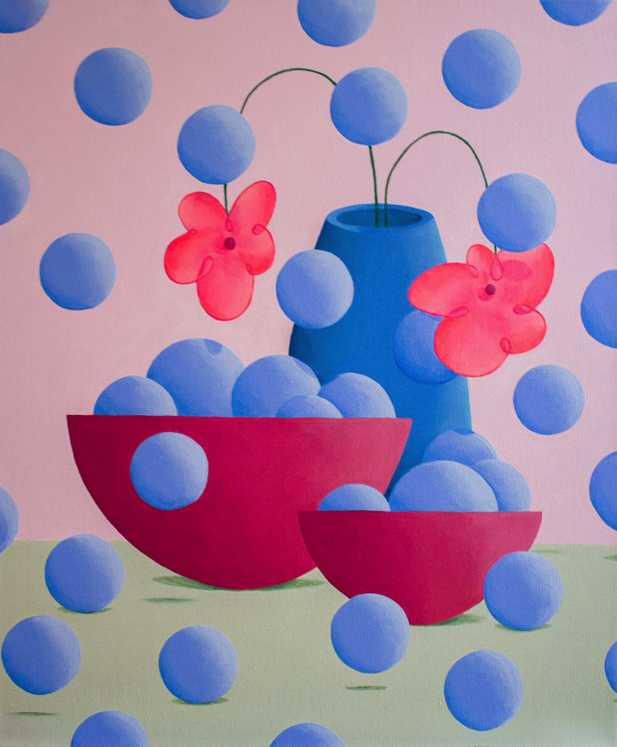 A colorful illustration of a pink background with a red bowl filled with blue spheres, a blue vase with pink flowers, and more blue spheres scattered around.