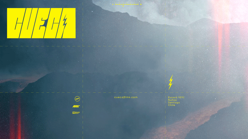 A promotional poster with a mountain landscape background and yellow text reading 'HIEH' in the top left corner. Contains yellow lightning bolt icons, a website address cuecaflms.com, and location information for Pucón, Chile.