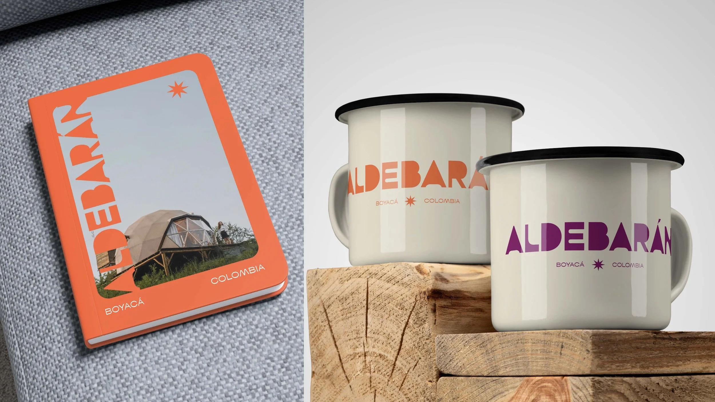 Left side: Book titled 'AldeBarán' with cover showing a geodesic dome structure outdoors. Right side: Two white enamel mugs with 'AldeBarán' printed in orange and purple, placed on wooden blocks against a plain background.