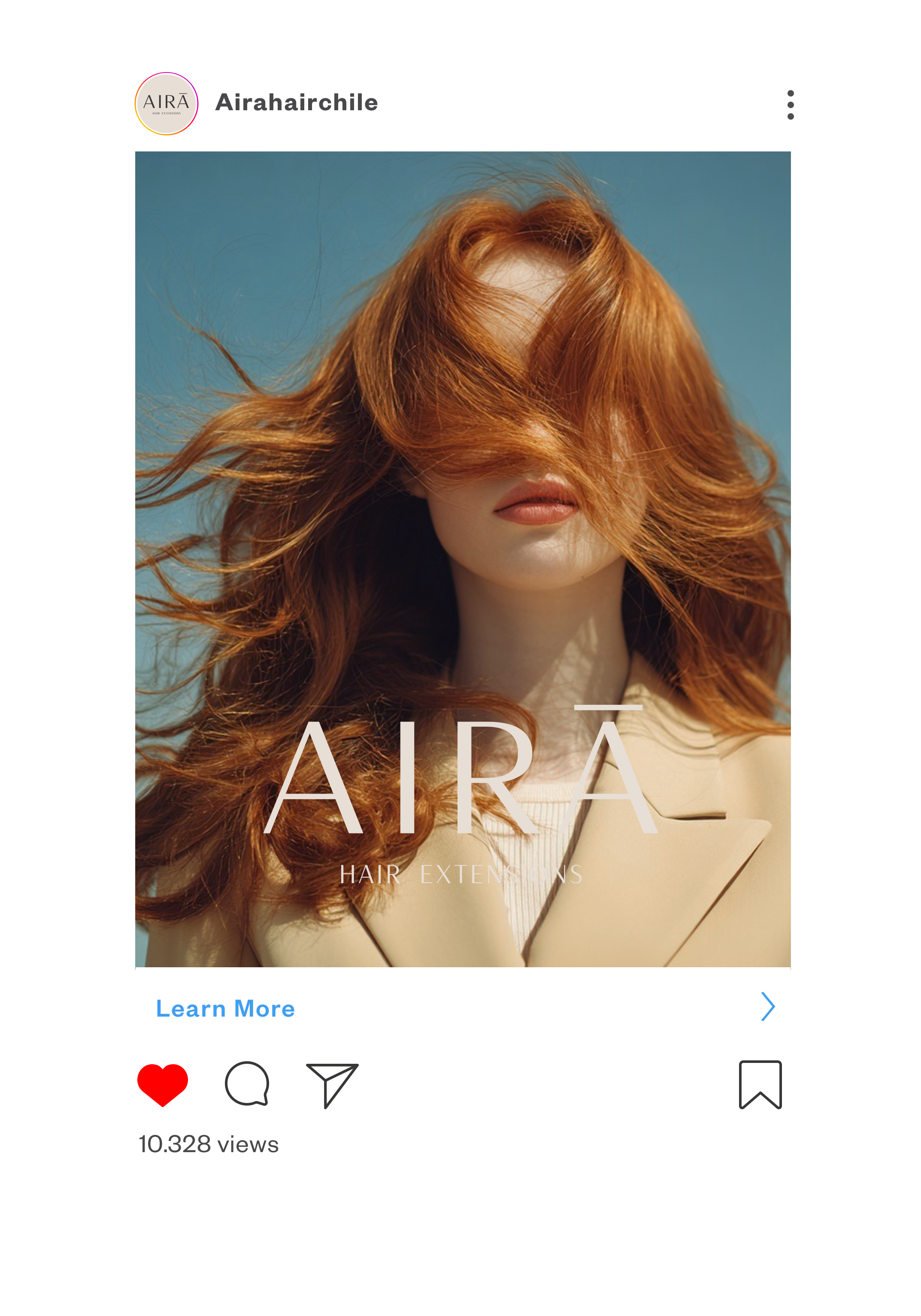 Instagram post promoting hair extensions from Aira, featuring a woman with long red hair covering her face, against a blue sky background.