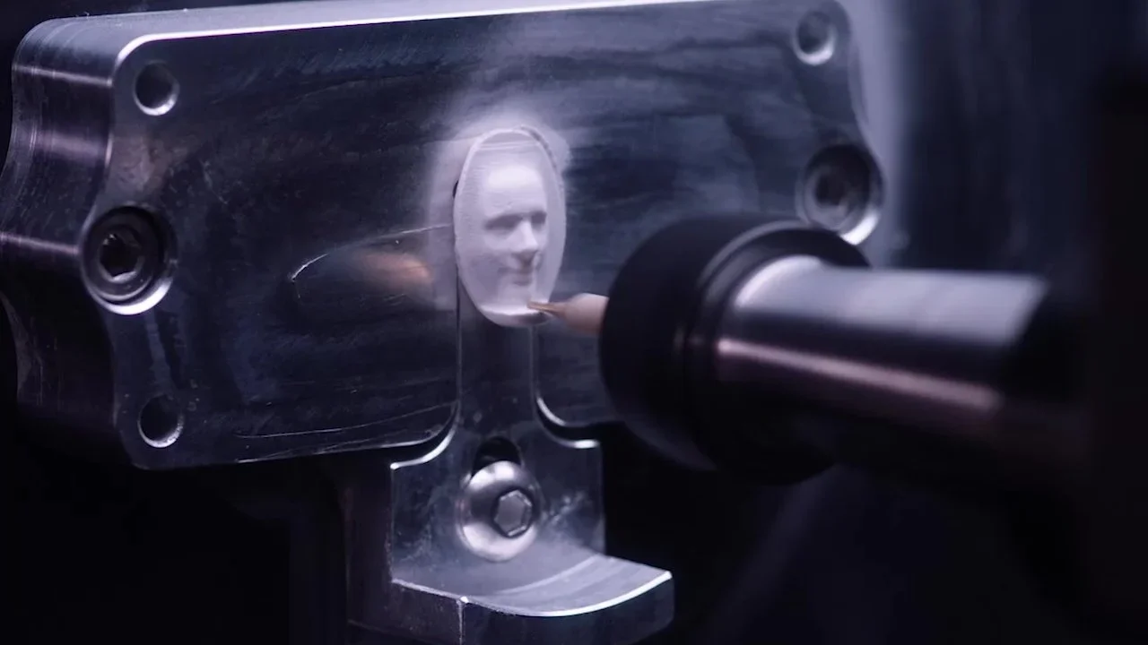 Close-up of a CNC machine carving a car key with a detailed portrait of a man's face.