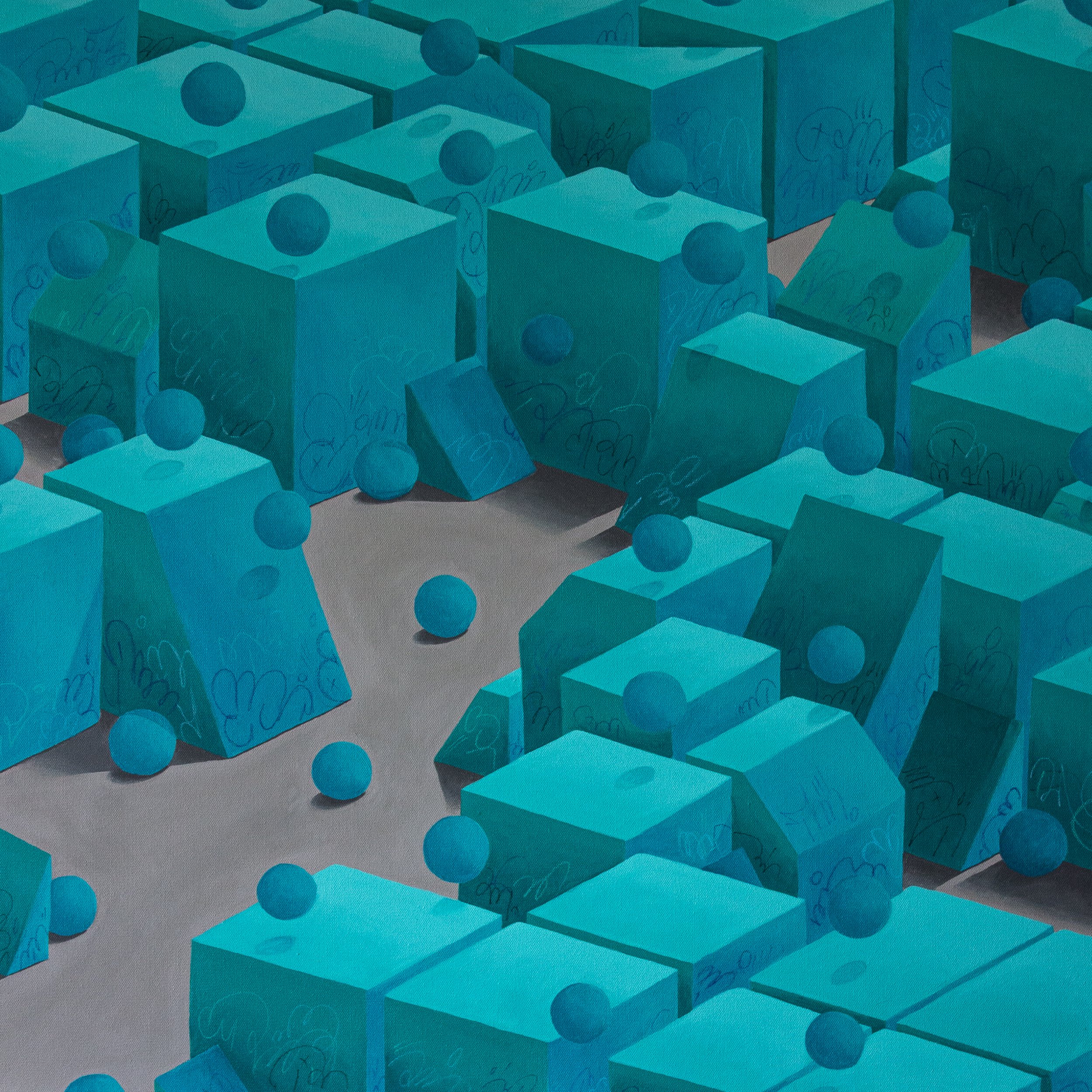 A digital illustration of numerous blue boxes with spherical tops, some on the ground and others stacked, creating a geometric pattern with shadows on a gray surface.