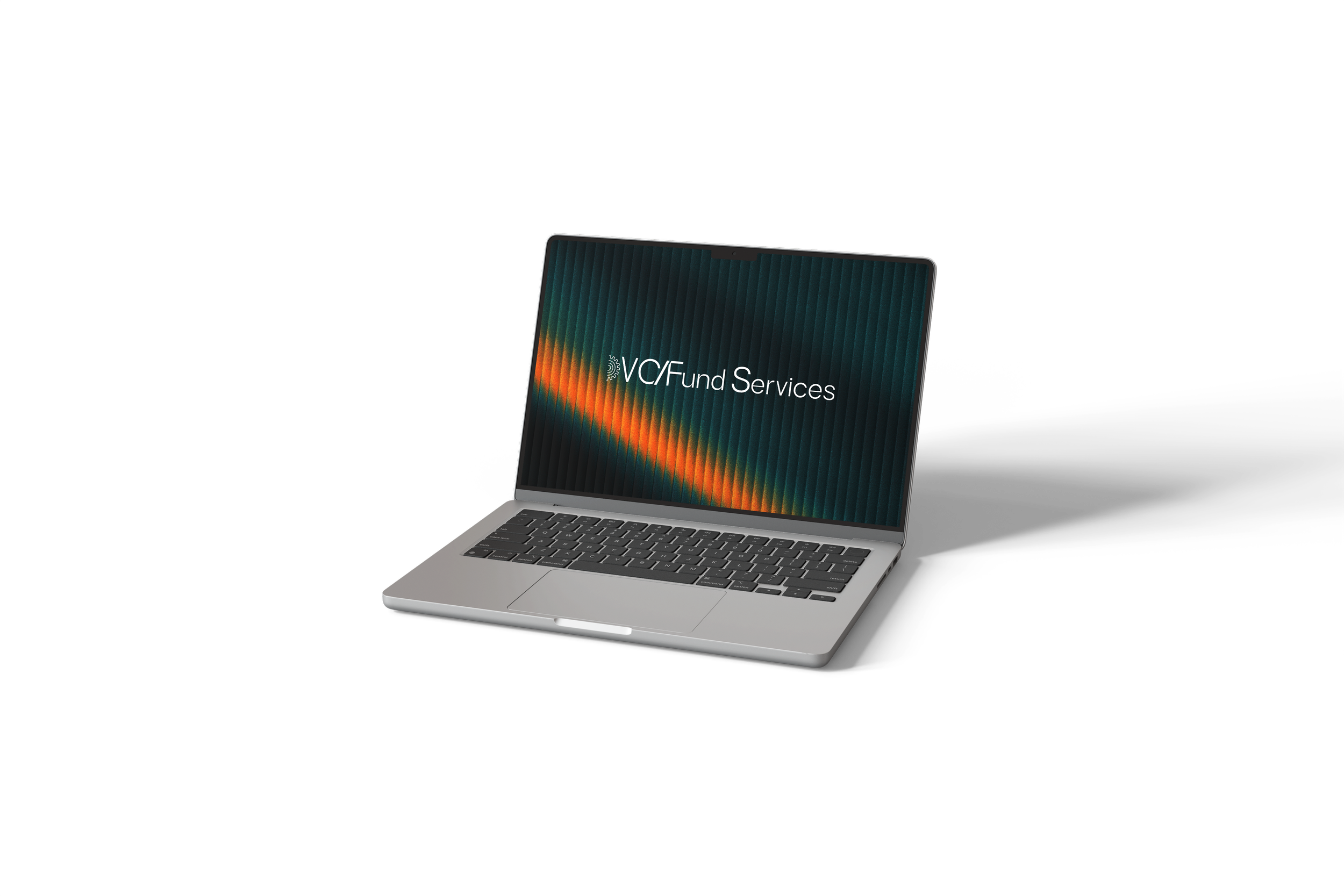 A silver laptop displaying the text 'VCF Fund Services' on a colorful, abstract background, placed against a black backdrop.