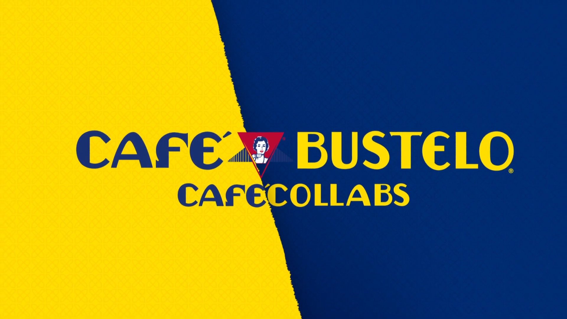 A graphic design featuring the words 'Café Bustelo' and 'Café Collabs' with a split background of yellow and blue, and a logo of a woman with a bun in a red triangle in the center.