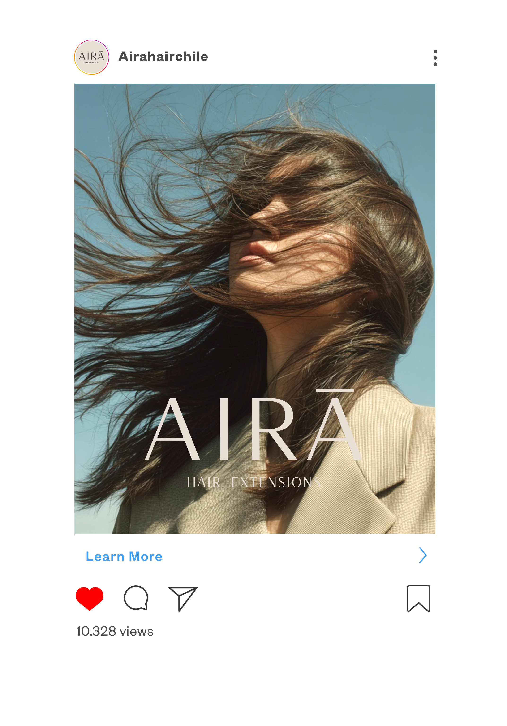 Social media post showing a woman with long hair blowing in the wind, promoting AIRA hair extensions, with options to learn more and icons for likes and comments.