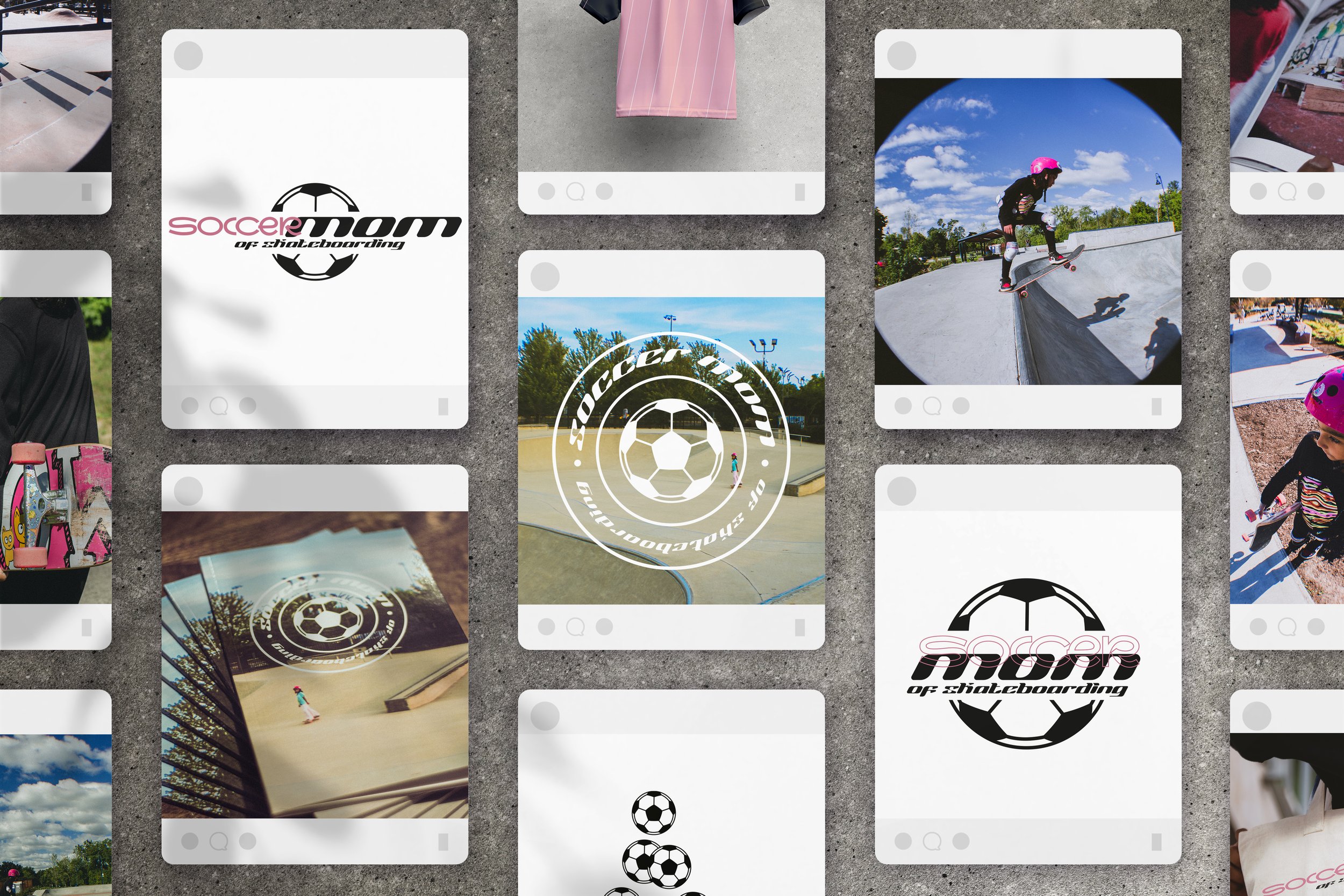 Collage of skateboarding and skateboarding-related images, including a logo with a soccer ball and skateboard, a skateboarder at a skate park, and skateboarding accessories.