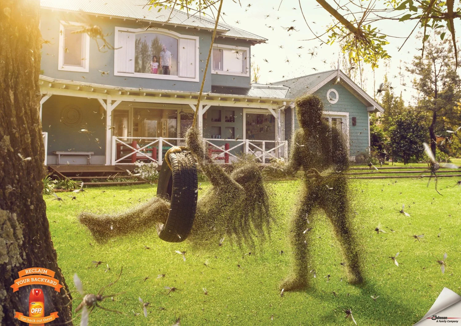 A person appears to be dusting off or flicking a large number of flying insects, possibly flies, near a tree in a backyard. In the background, there is a two-story blue house with white trim and a porch, and two children are visible looking out a window.