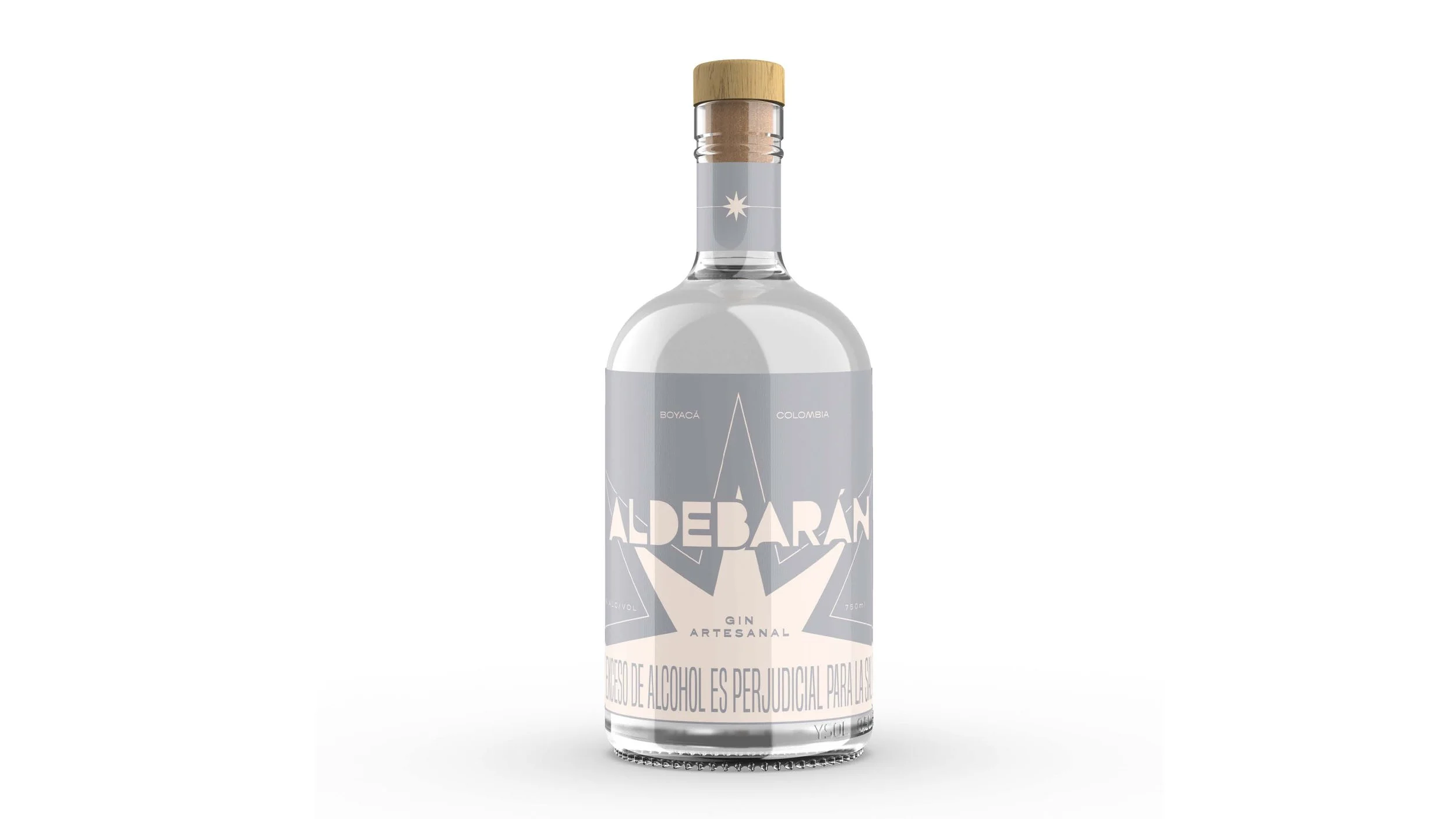 A clear glass bottle of artisanal gin with a wooden cap and a light gray label featuring white text and a star design, labeled 'Adebarn' from Boyacá, Colombia.