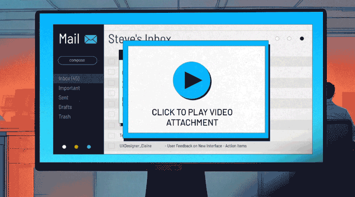 Computer screen displaying an email inbox labeled 'Steve's Inbox' with a large play button overlay prompting to click to play a video attachment.