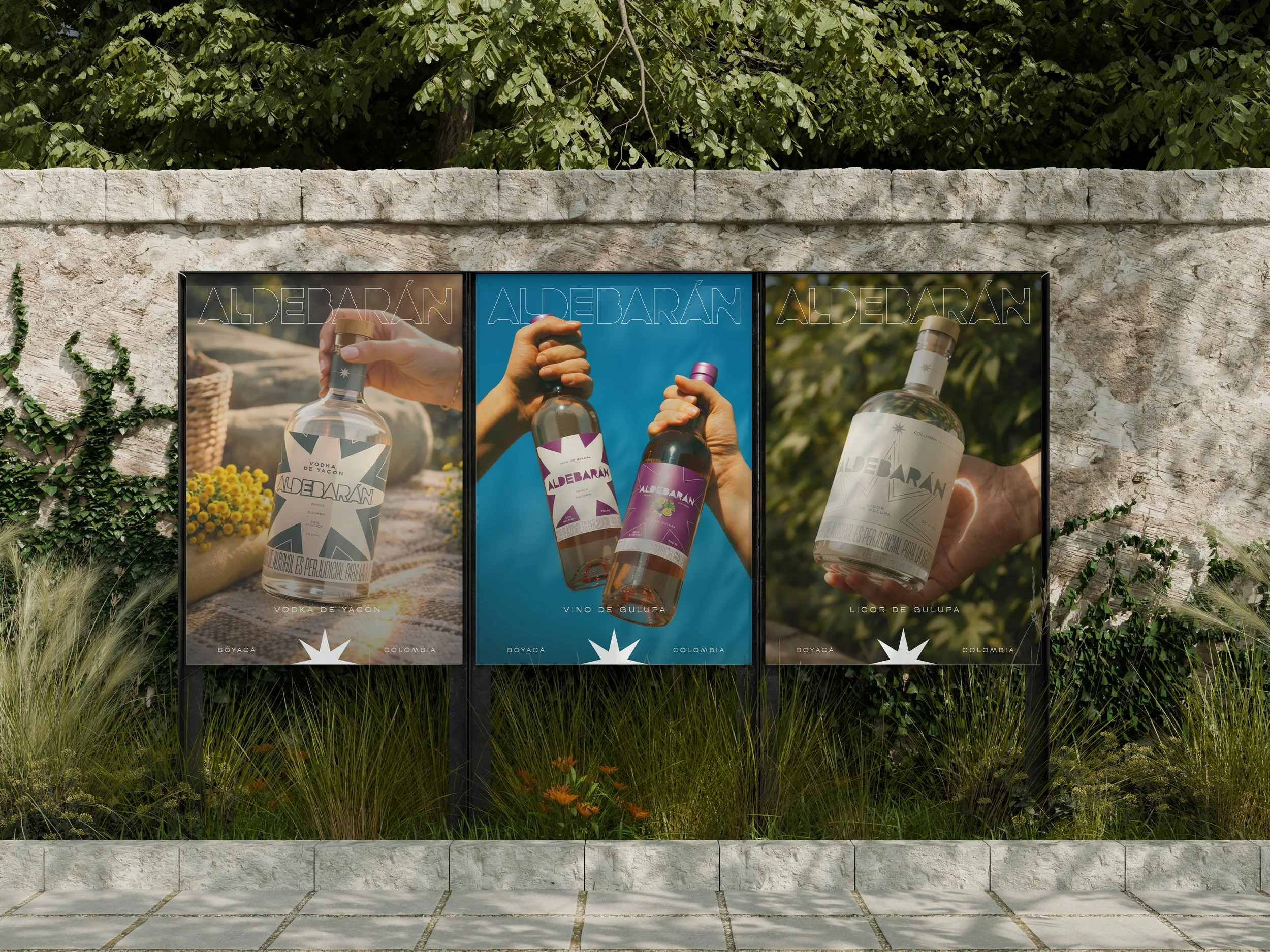 Three posters advertising a Colombian alcohol brand called Alderabán, featuring bottles of vodka, wine, and liquor held by hands against outdoor backgrounds.