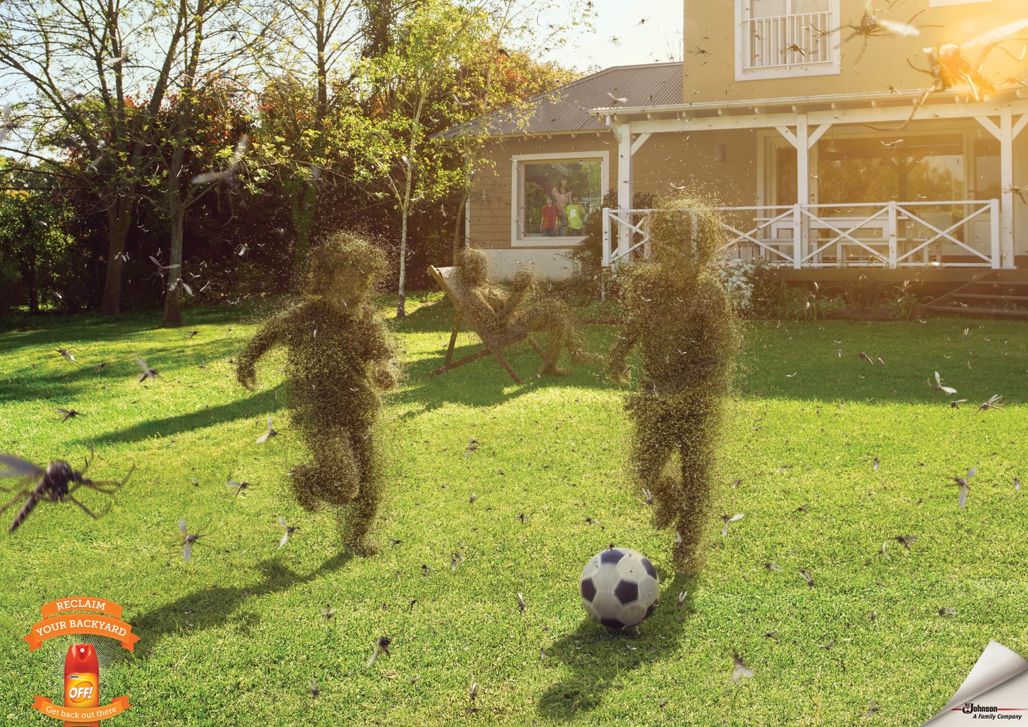 Three children playing soccer on a backyard lawn, with buzzing insects flying around, a house with a porch and window in the background, and sunlight illuminating the scene.