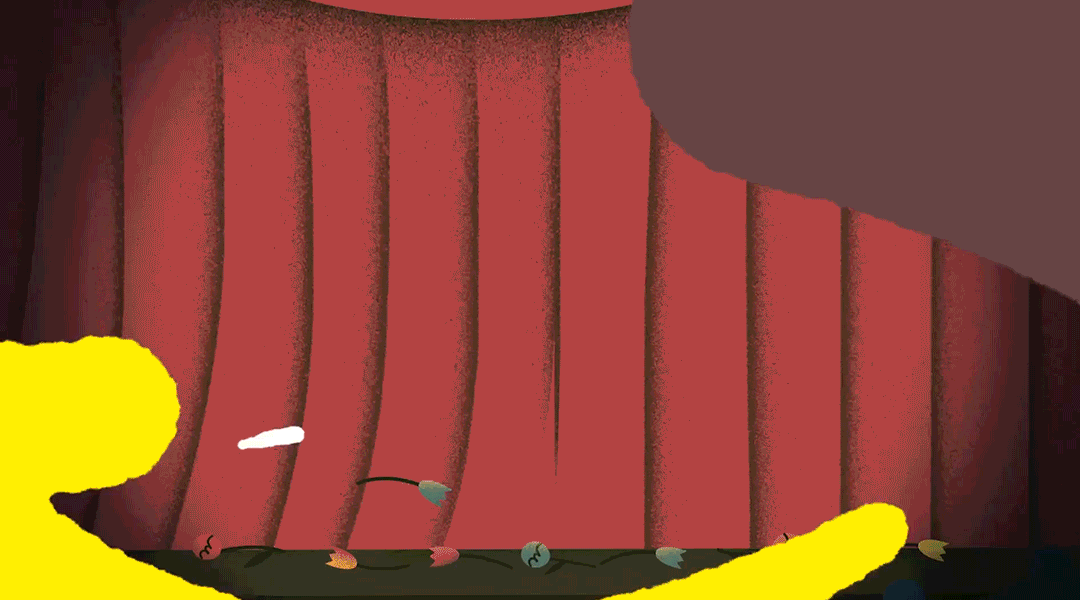 A Victorian-style theater stage with red curtains, yellow velvet seats at the front, and scattered crumpled pieces of paper or fabric on the floor.