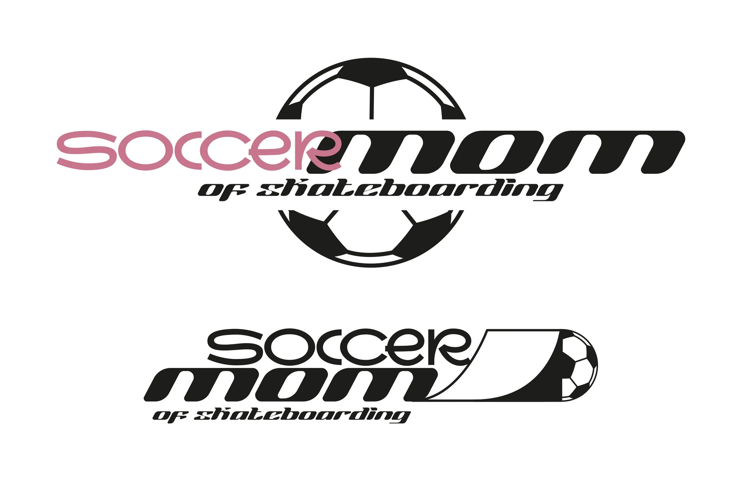 Two logos for 'Soccer Mom of Skateboarding.' The top logo features a black and white soccer ball with the words 'soccer mom' in pink and black, and 'of skateboarding' in smaller black cursive. The bottom logo has a soccer ball being kicked by a stylized skateboarding shoe, with the words 'soccer mom' in black, and 'of skateboarding' in smaller black cursive.