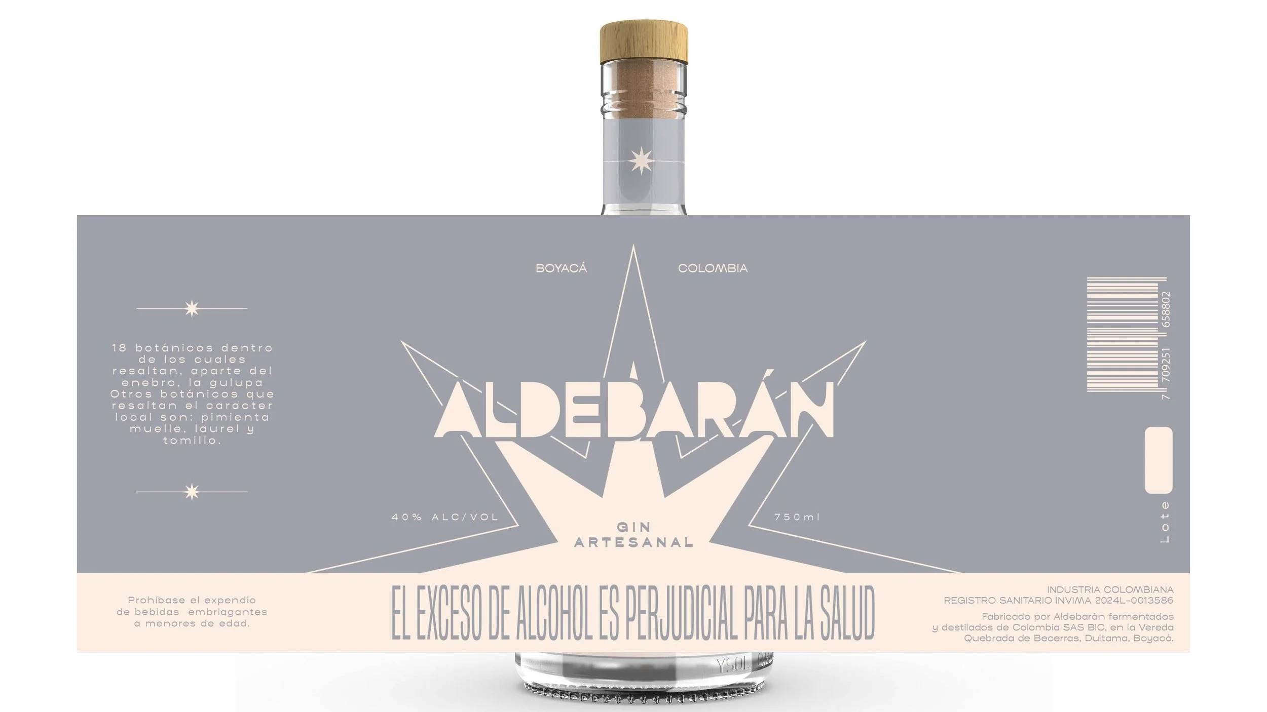 A bottle of artisanal gin named 'Aldebaran' with a label describing it as made with 18 botanicals from Boyacá, Colombia, featuring ingredients like pimiento, muelle, laurel, and tamillo. The label indicates the gin has 40% alcohol and 750 ml volume, and includes warnings about excessive alcohol consumption affecting health.