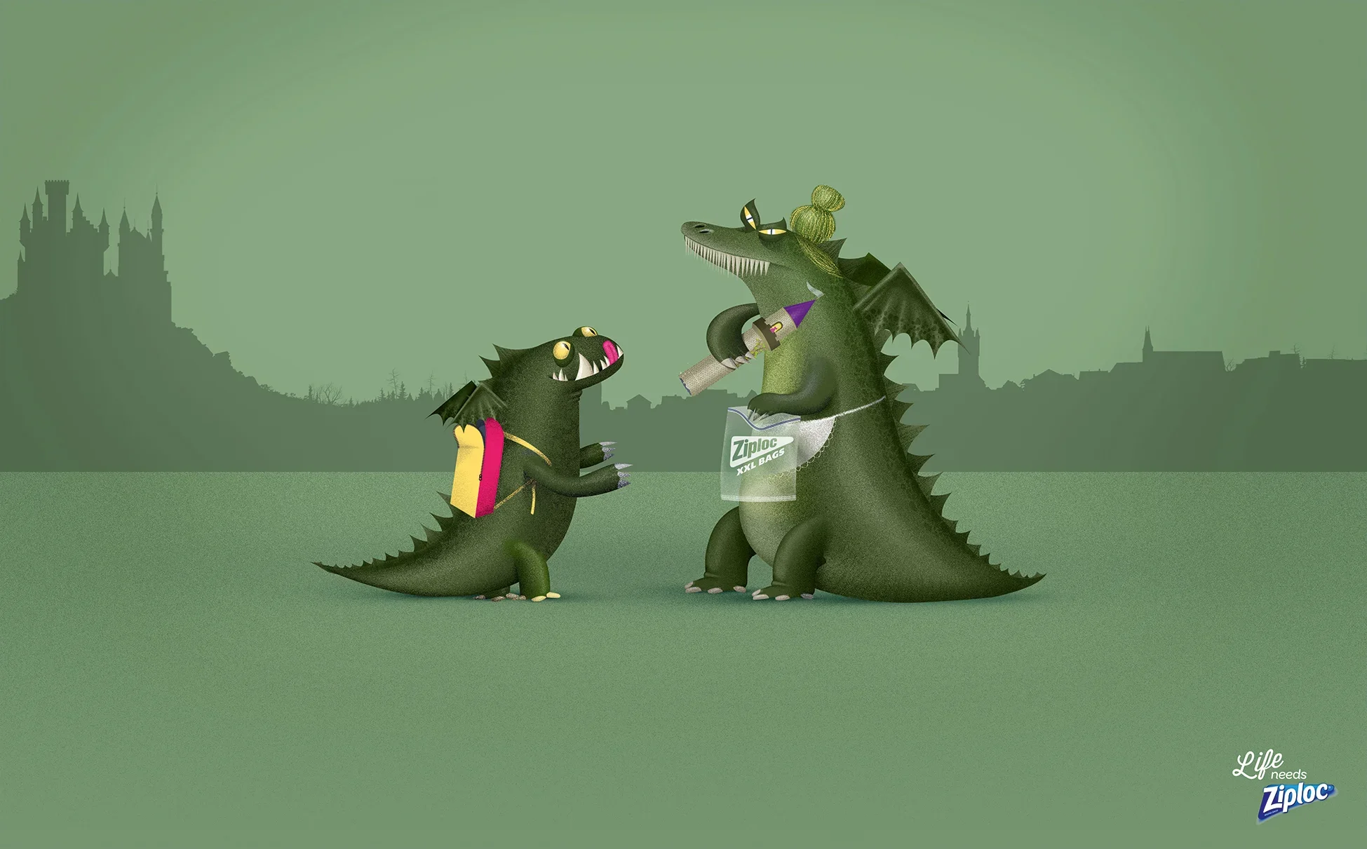Two cartoonish dragons with backpacks and accessories are standing on a green field with a castle silhouette in the background. One dragon is holding a gift, and the other is holding a tube of spray paint. Both appear friendly and playful, with the phrase 'Life needs Ziploc' in the bottom right corner.