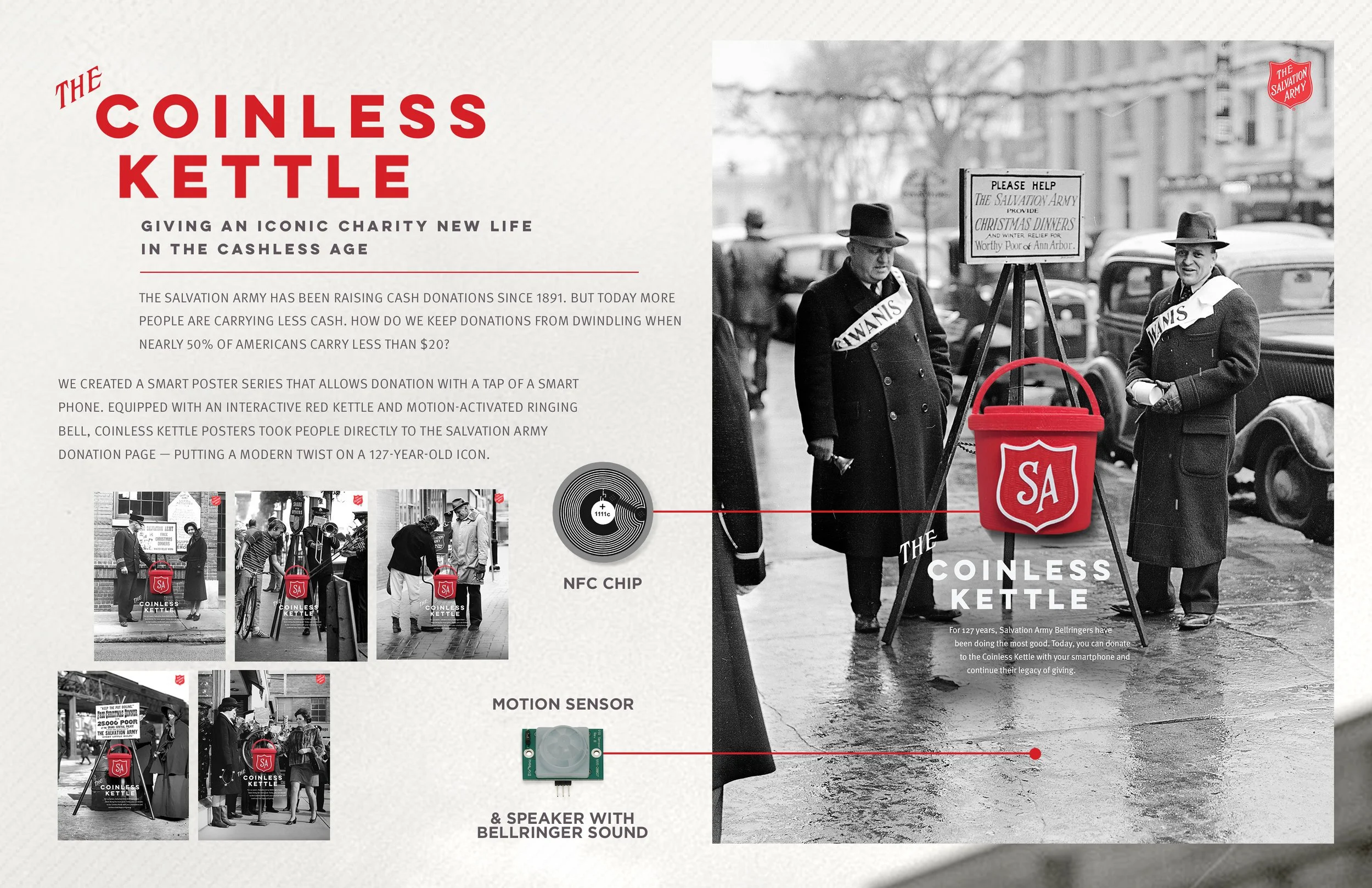 Infographic describing a charity campaign called The Coinless Kettle by the Salvation Army, featuring a black-and-white historical street scene with two men in dark coats and hats, and a red donation kettle with Salvation Army shield logo, NFC chip, and motion sensor for contactless donations.