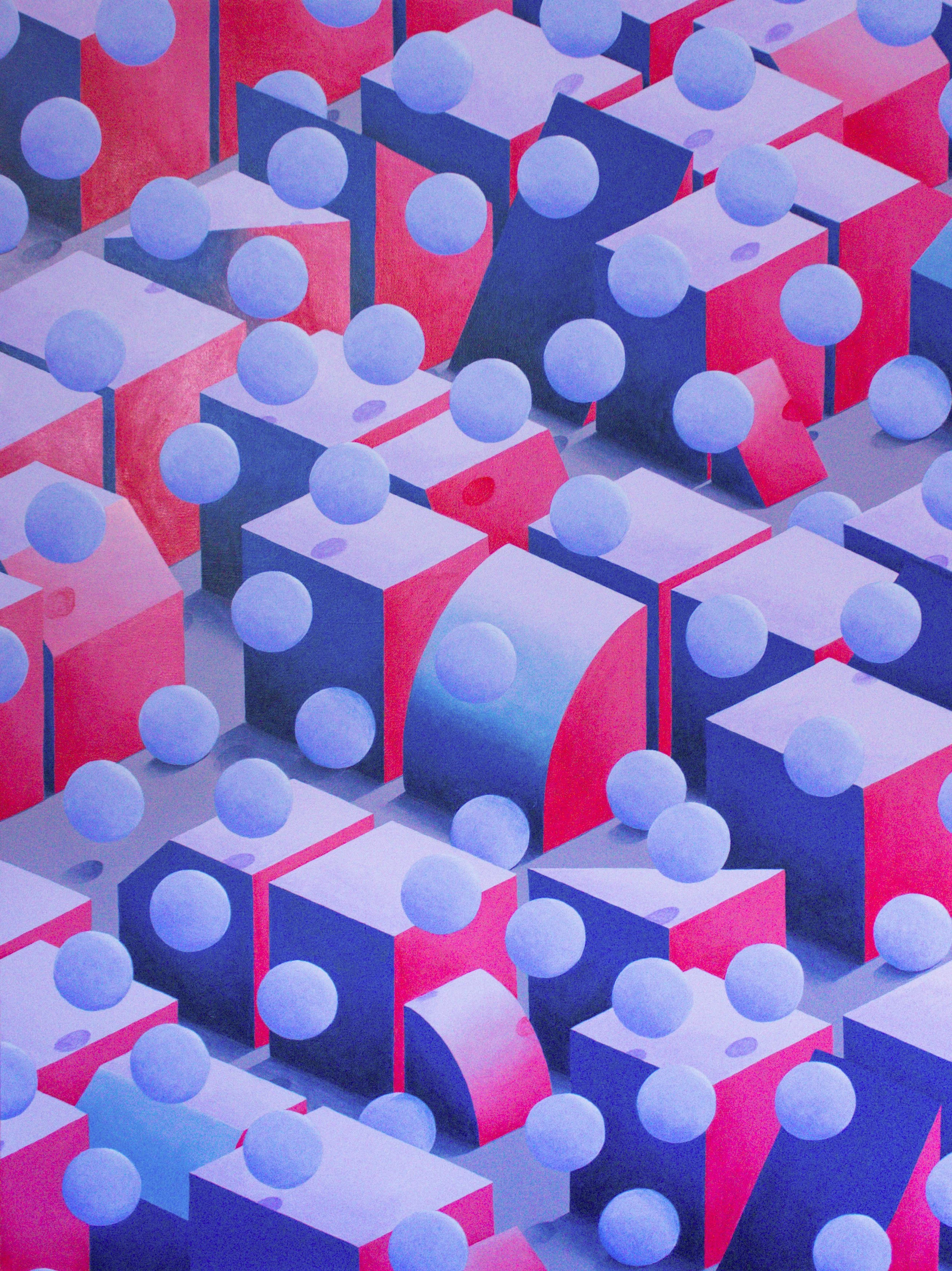 An abstract geometric pattern of cubes and spheres in shades of pink, purple, and blue.