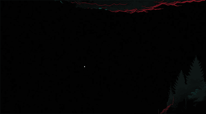 Night sky with some trees and faint colored outlines at the top and right side.