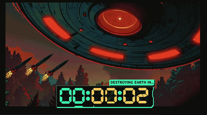 Animated scene of a large UFO hovering over a forest, with rockets launching towards it. A digital timer showing 00:08:02 is in the foreground, accompanied by a message about destroying Earth.