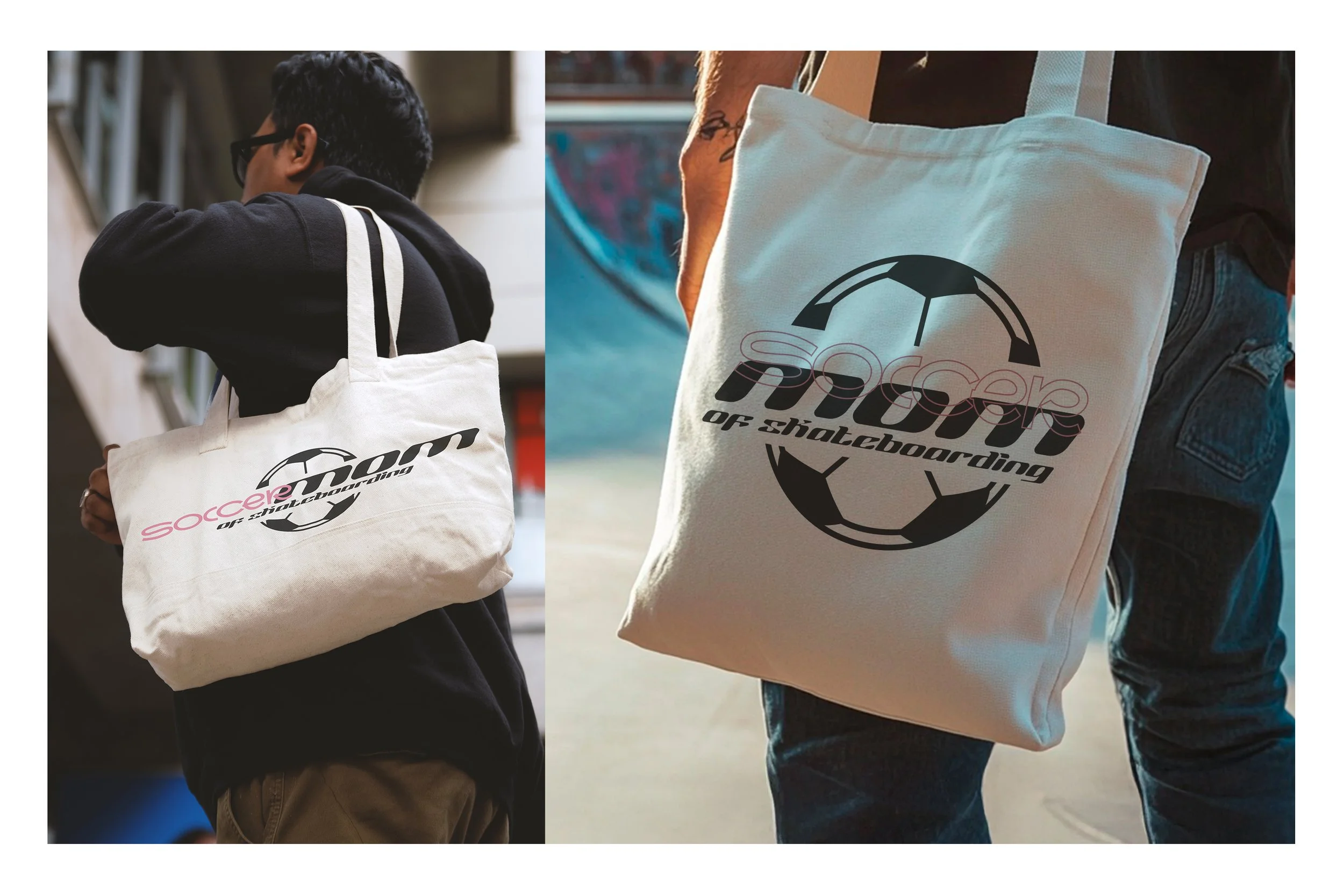 Two people each carrying tote bags with the same soccer ball and skateboard logo, viewed from the side, in urban environments.