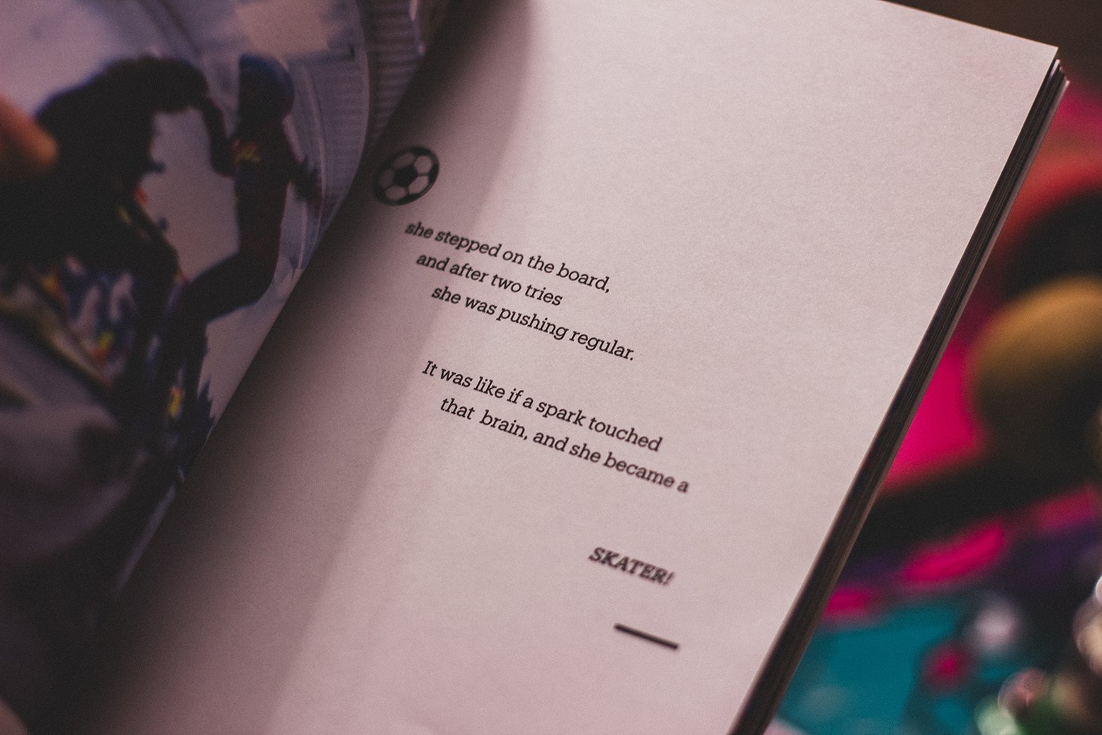A page from a book with a poem about skating, accompanied by a small image of two people skating on a skating rink and a soccer ball icon.