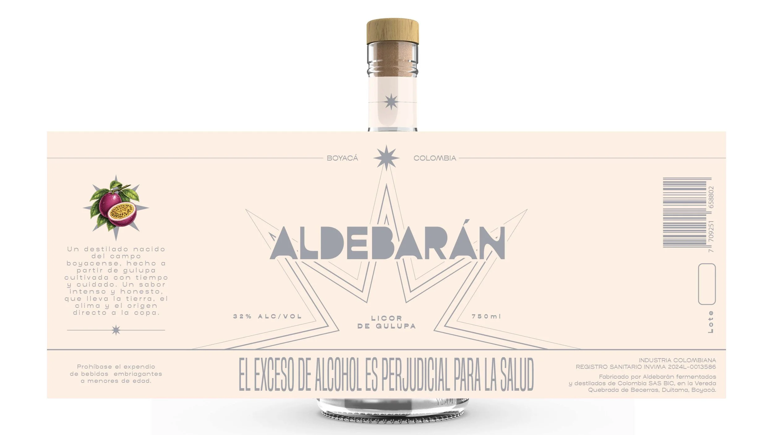 Alcohol bottle labeled 'Aldebarán' with a star logo, pink and white label, and a cork cap, featuring Colombian origin and 32% alcohol content.