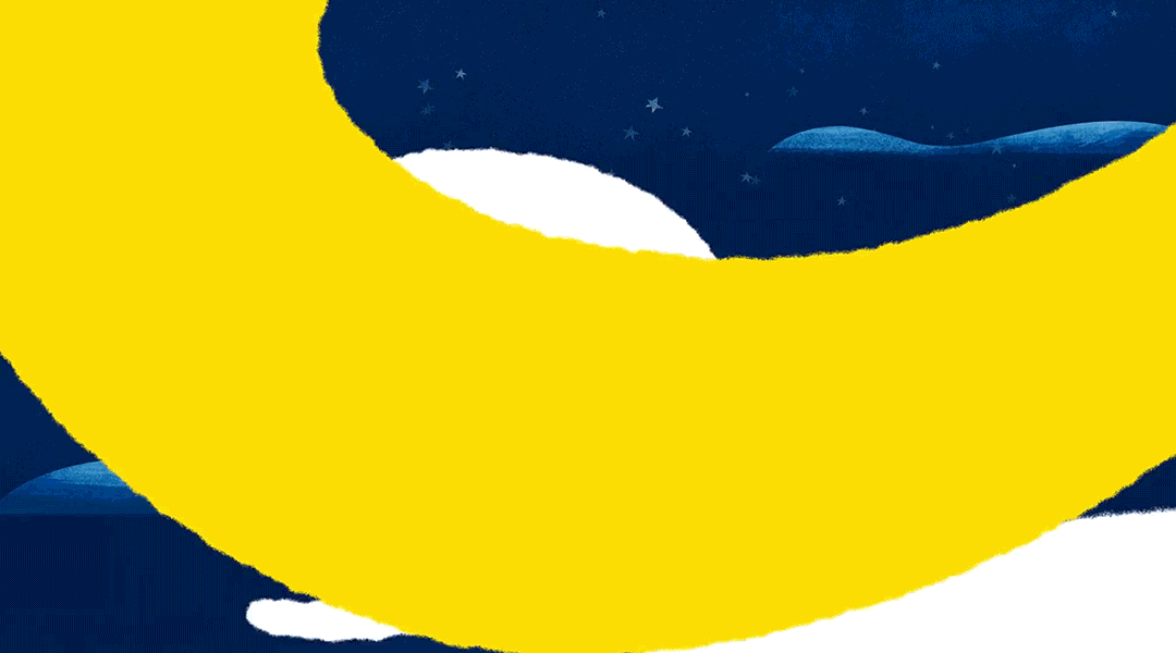 A large yellow crescent-shaped object against a dark blue background with star-like patterns.