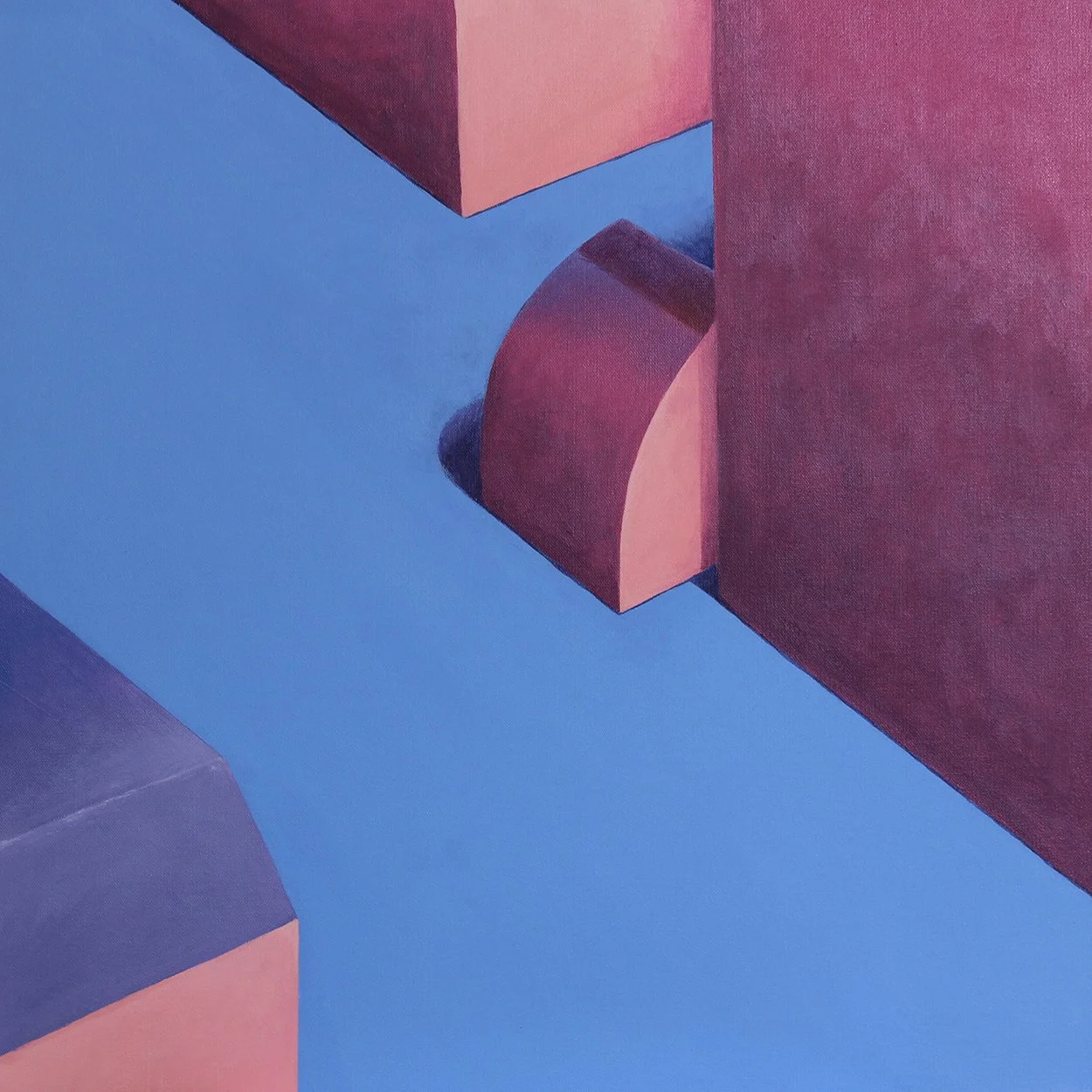 Abstract geometric painting with blocks and shapes in shades of pink, purple, and blue.