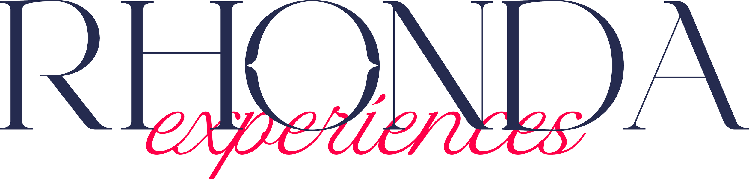 Logo for Rhonda Experiences with the words 'Rhonda' in large blue font and 'experiences' in pink cursive font.