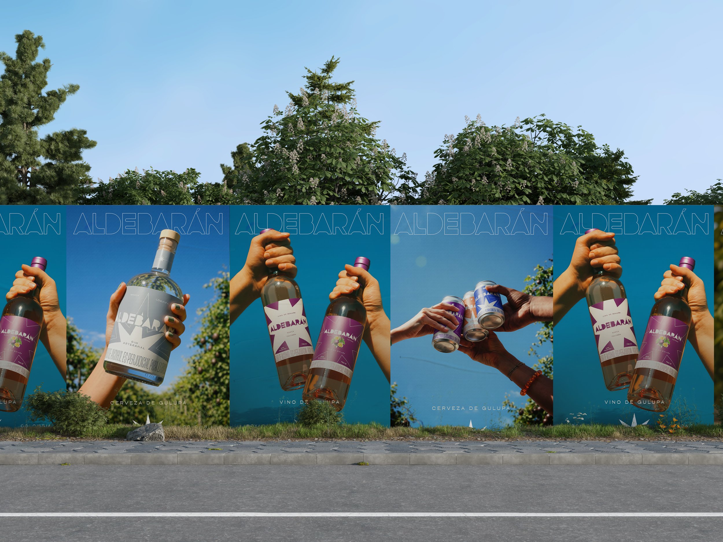 Billboard advertising Aldebarán beer, featuring images of hands holding beer bottles and cans, with clear blue sky and trees in the background.