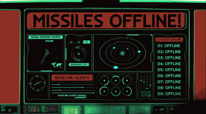 A digital screen displaying a message 'MISSILES OFFLINE!' with various systems and alert indicators showing offline status, including missile defense system and radar displays.