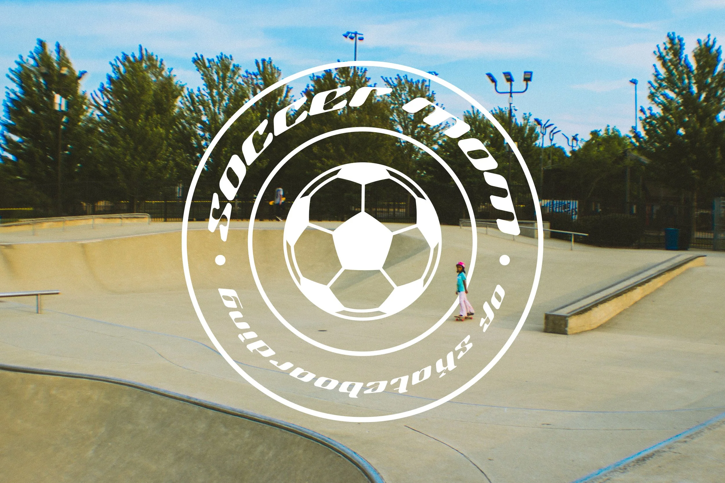 A skatepark with a girl skateboarding and a large circular logo with a soccer ball and the words 'soccer' and 'skateboarding' overlaid.