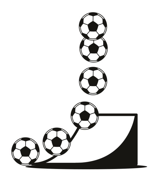 Sequence of soccer balls illustrating a progressive increase in height on a black and white platform.