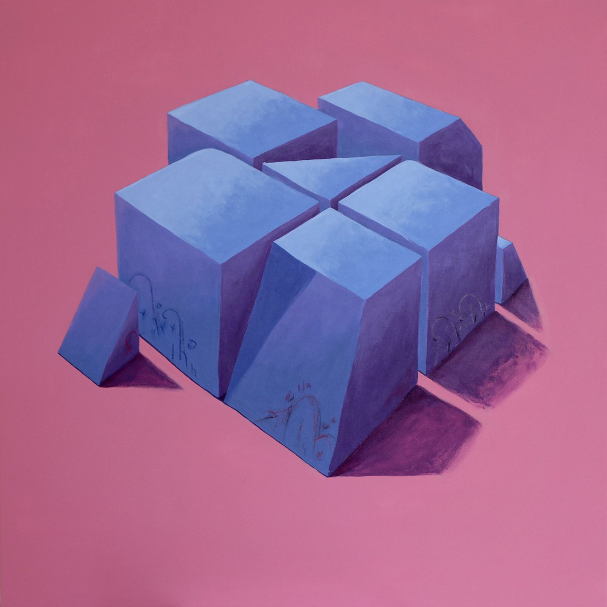 A blue 3D puzzle on a pink background with a missing piece to the left.