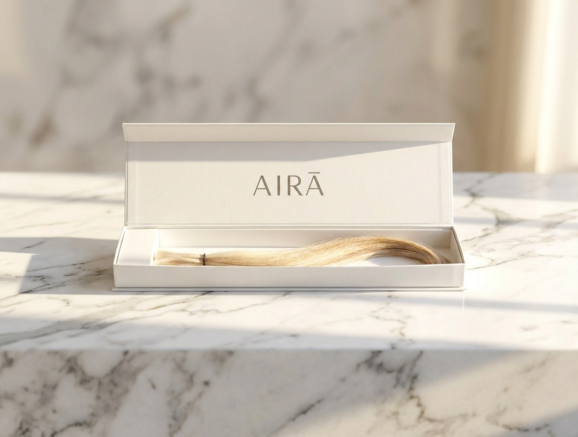 A boxed hair extension labeled 'AIRÀ' on a white marble surface.