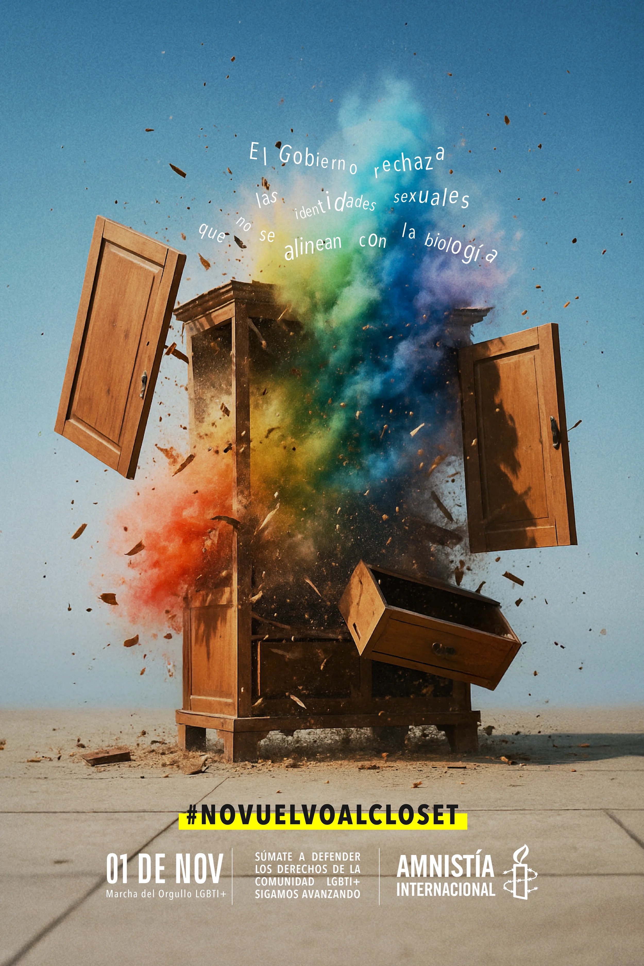 A large wooden wardrobe is exploding, with pieces flying outward and colorful smoke, on a clear outdoor background. Text overlay includes Spanish phrases about LGBTQ+ pride and international amnesty.
