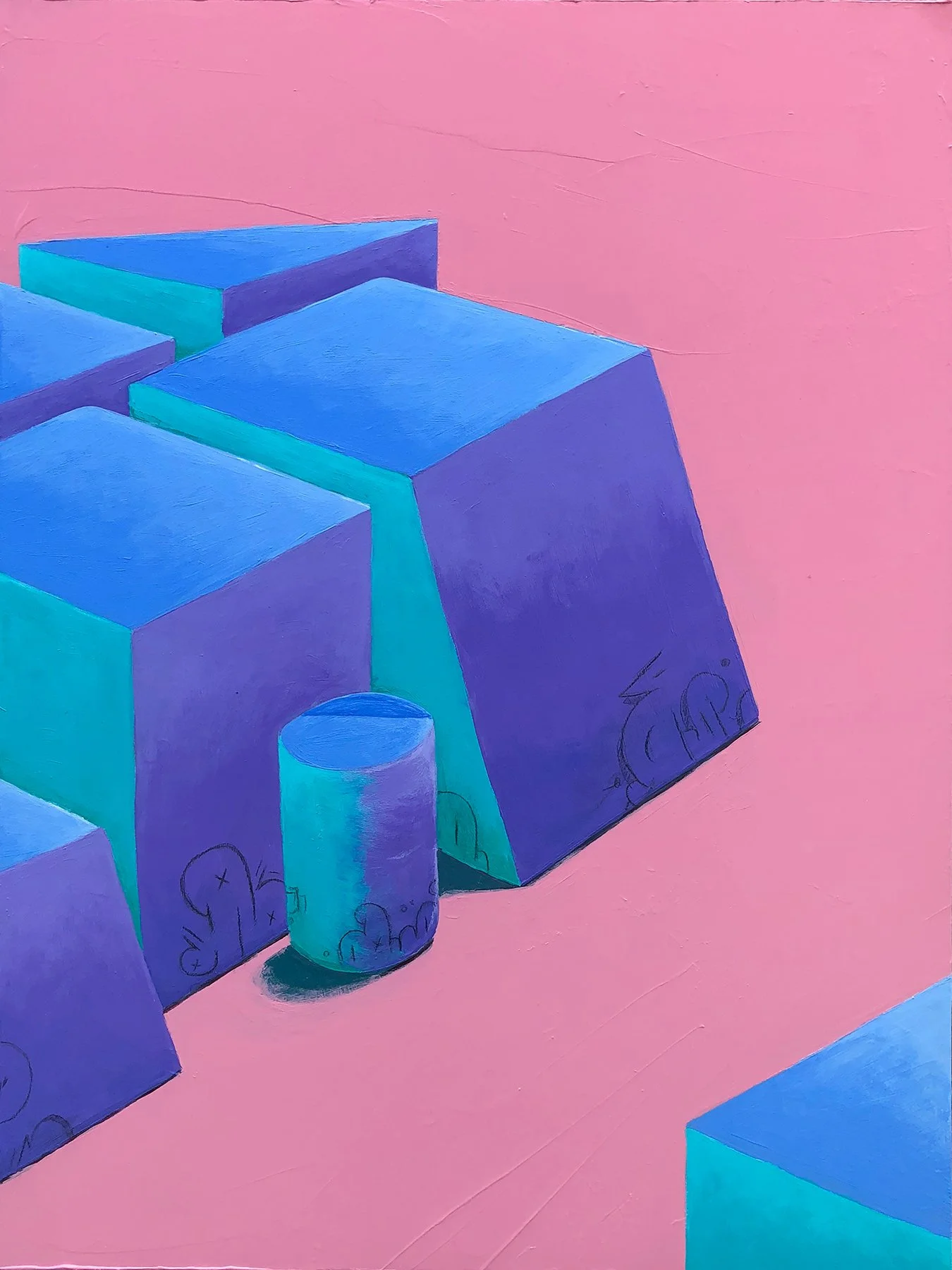 Colorful painting of stacked blocks and a milk carton on a pink surface.
