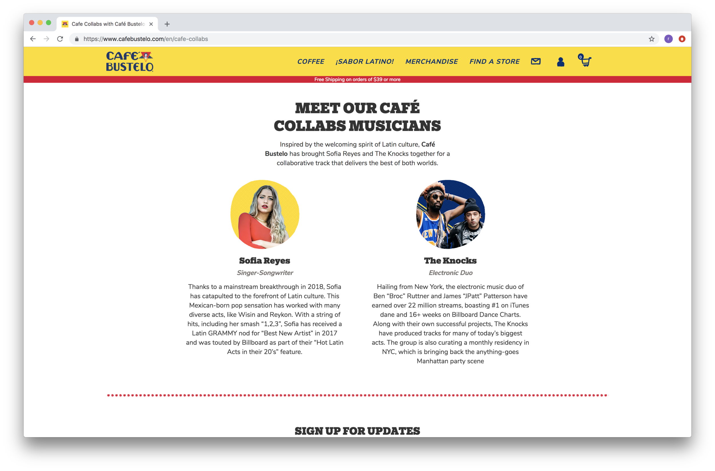 Web page from Cafe Bustelo's site introducing Latin music artists Sophia Reyes and The Knocks, featuring photos and descriptions of their backgrounds and achievements.
