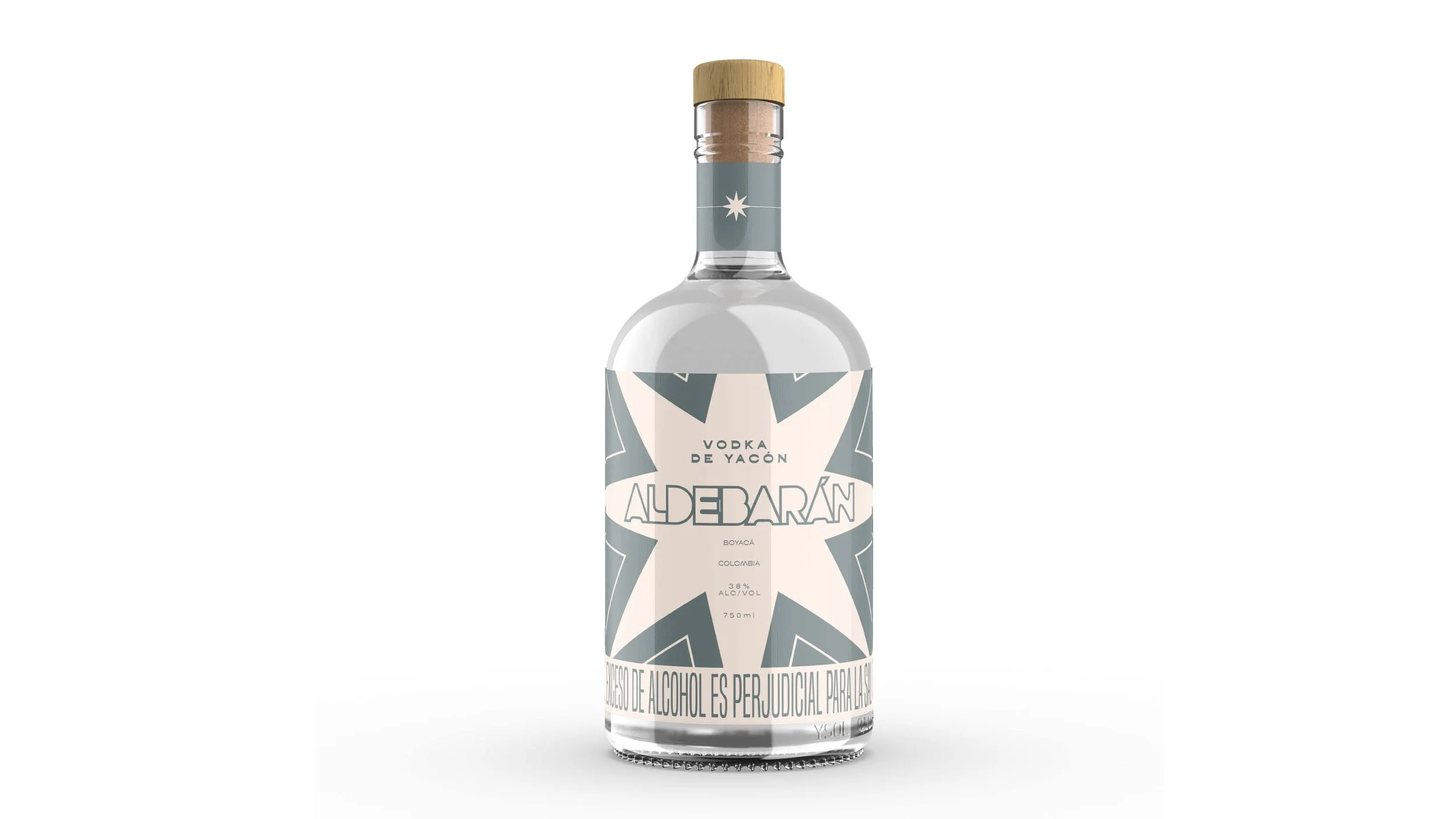 A clear glass bottle of vodka with a wooden cap, featuring a label with a star design and text including 'Aldebarán', 'Vodka de Yacón', 'Boyacá, Colombia', and alcohol content 38%.