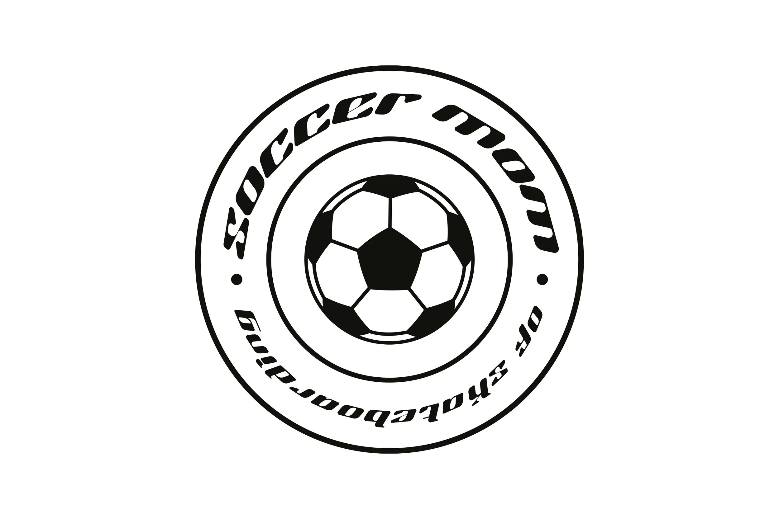 A black and white sports team logo featuring a soccer ball in the center surrounded by concentric circles with the text "Soccer Team" and "Off Shore Soccer Team" written around the circles.