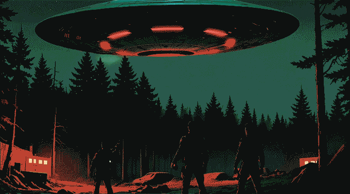 A scene from a science fiction movie featuring a large UFO hovering over a forest with three people standing on the ground below, illuminated by red and green lighting.