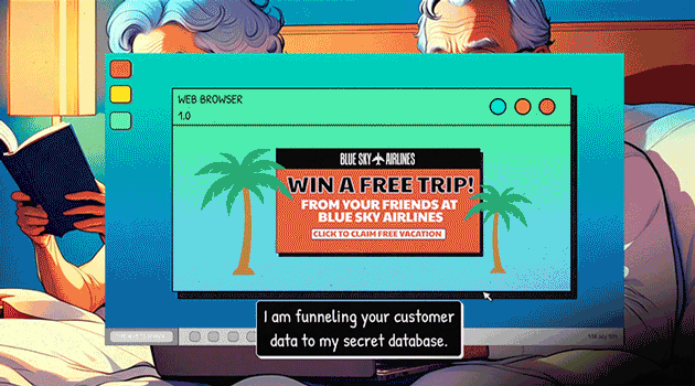 A computer screen displays an advertisement for a free trip from Blue Sky Airlines, with a tropical background, palm trees, and a popup message indicating data collection.
