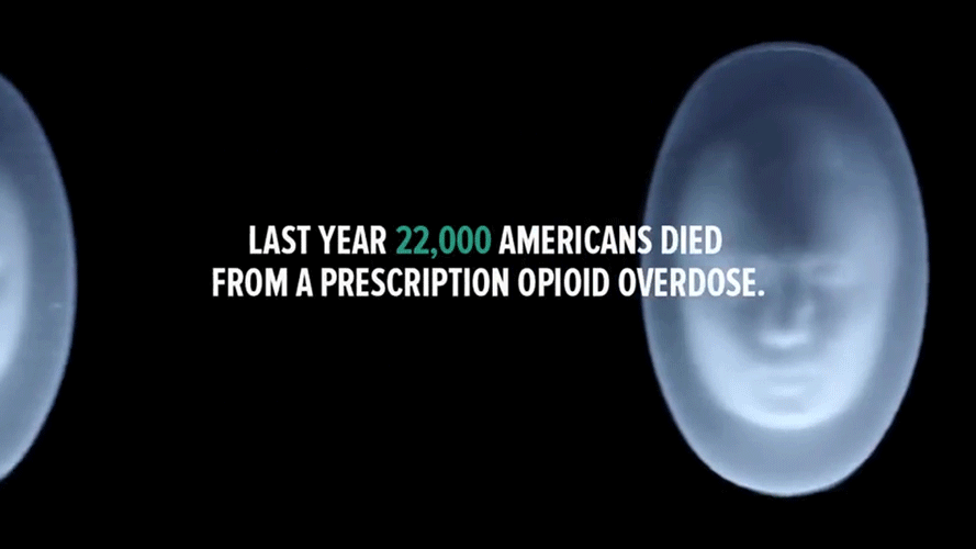 Text on a black background states: 'Last year 22,000 Americans died from a prescription opioid overdose,' with an X-ray of a human head in the background.