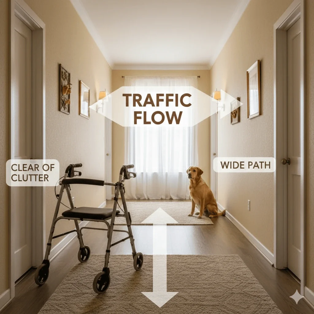 wide clutter free hallway with walker and clear traffic flow labels demonstrating safe home navigation for guests with parkinsons