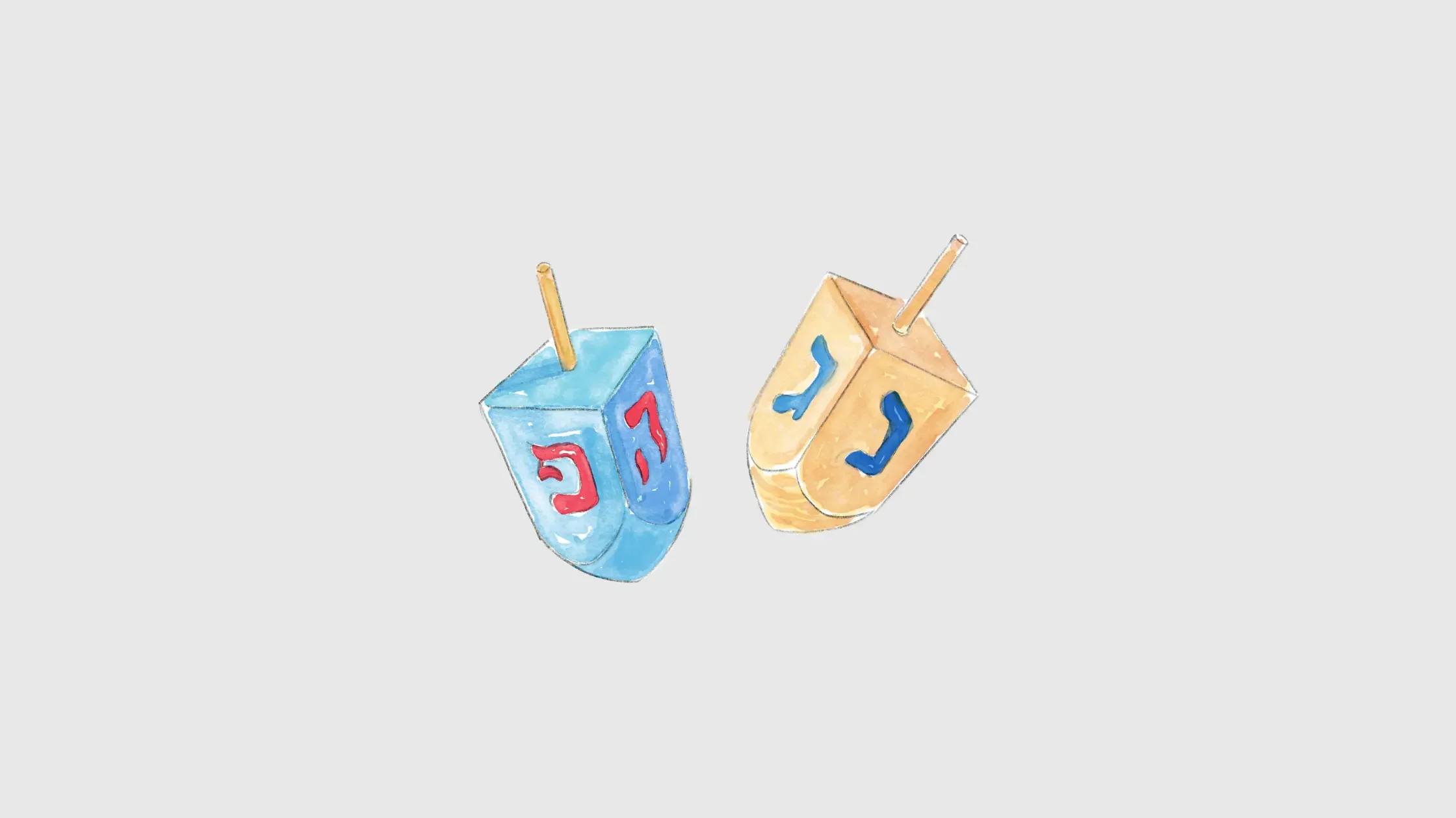 Colorful dreidel illustrations representing playful holiday language and word-finding activities used in speech therapy