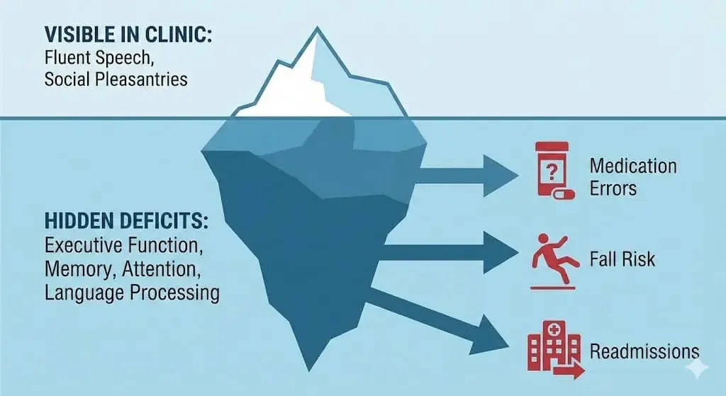 Iceberg infographic showing visible clinical abilities versus hidden cognitive-communication deficits linked to fall risk, medication errors, and readmissions.